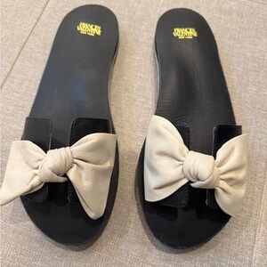 Frances Valentine Black Slides with Tan Bow, Size 8, unworn but not in box